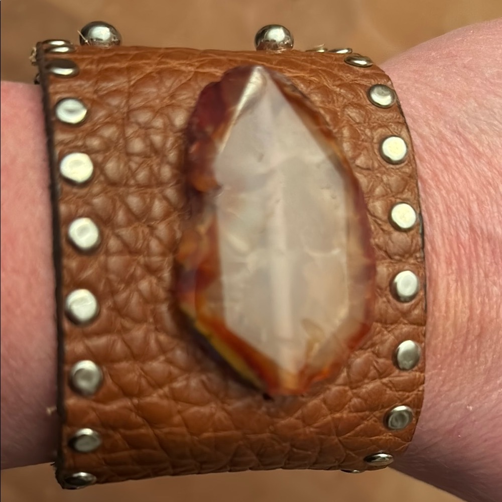 Local Chicago artist - Brown Leather Cuff Bracelet with Agate Stone